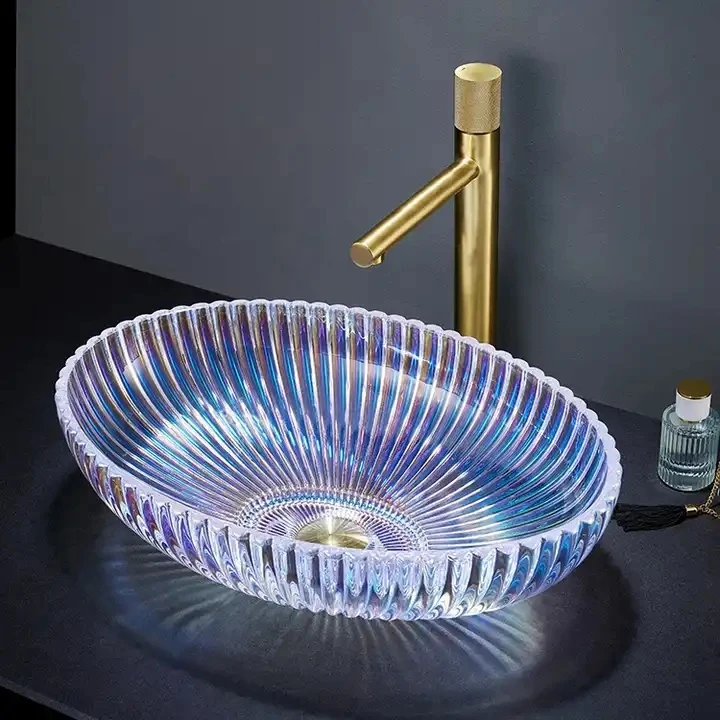 Factory Custom Design Crystal Wash Basin Transparent Counter Top Tempered Glass Vessel Washbasin Sink