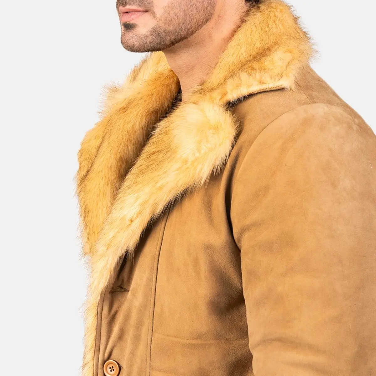 Orange with fully fur coats men leather jacket turn down collar 2 patch pockets button closure soft fur jackets