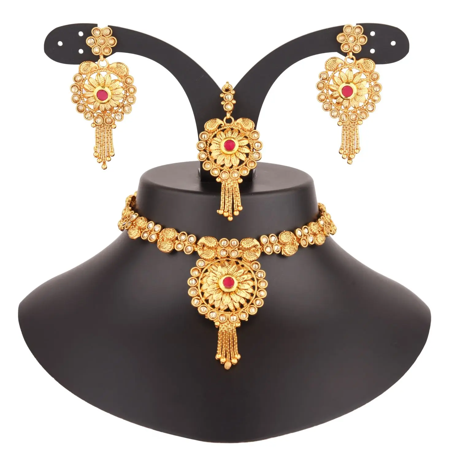 Indian Traditional Antique Gold Plated Floral Kundan Choker Necklace Dangle Earrings With Maang Tikka Jewellery Set, Pi