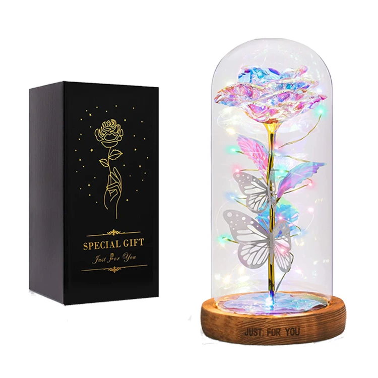 Mothers Day Gifts Beautiful Galaxy Rose Box Valentines Rose Flower In Glass Dome With Led