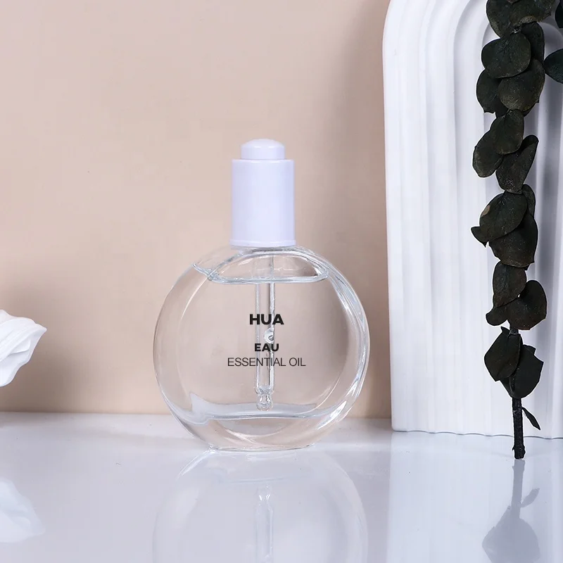 50ml flat round hot sale glass serum cosmetic essential oil dropper bottle with pump