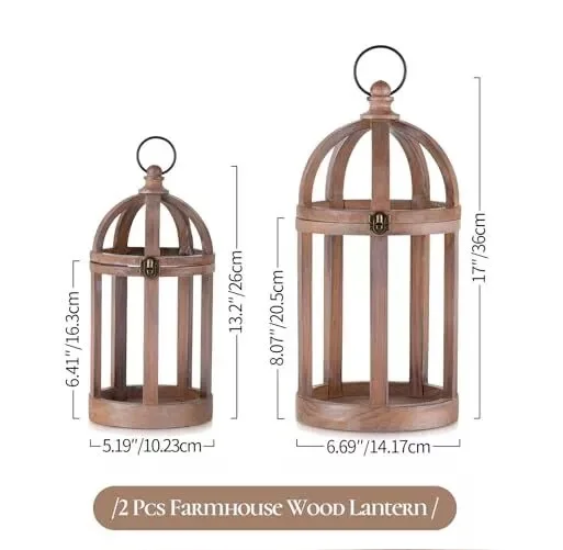 Farmhouse Lantern Decor Set of 2 Indoor Rustic Wooden Lanterns Brown for Table Centerpiece Fireplace Mantle For Metal Overseas