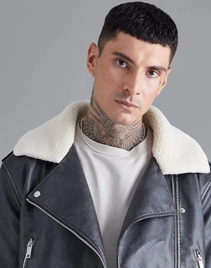 New Grey Boxy Fit Washed Original Sheepskin Leather Biker Jacket for Men with Borg Collar Made by Huzaifa Products.