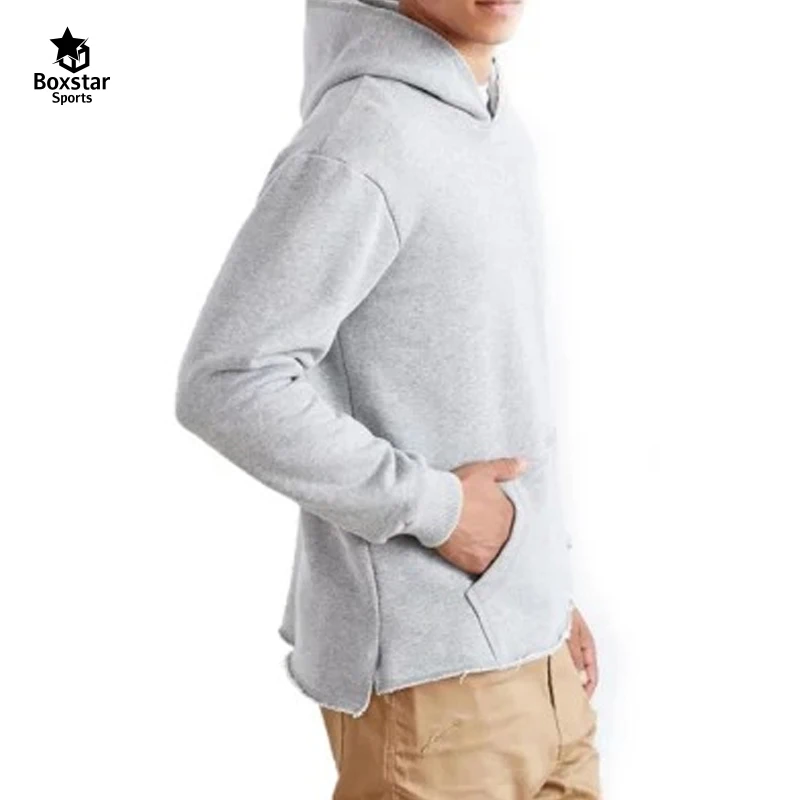 custom  long-sleeve unstitched edge mens cotton hoodie high quality raw hem hoodie