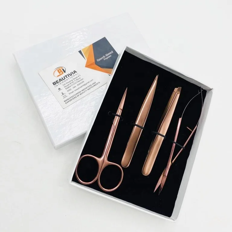 Rose Gold Beauty Cosmetic Set Pointed Slanted Tweezers Scissors Custom Logo Solid Brow Shaping Tweezers