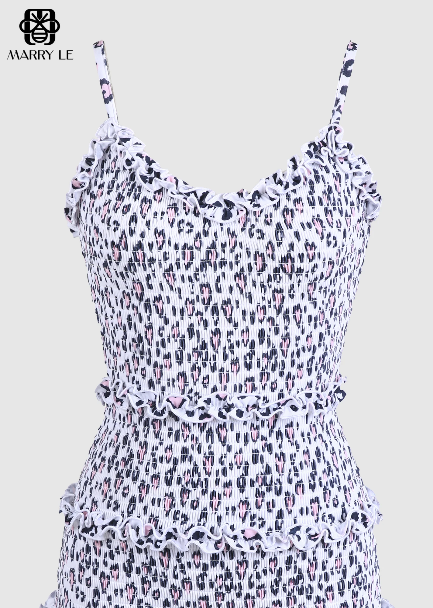 FUNKY LEOPARD ADJUSTABLE STRAP SHIRRED BODYCON DRESS WITH RUFFLE - MD03