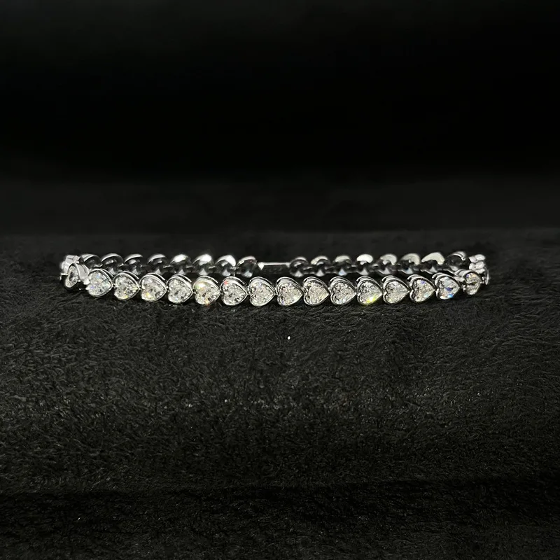 Surrounded heart-shaped zircon tennis bracelet S925 silver material row diamond single row bracelet super flash exquisite full