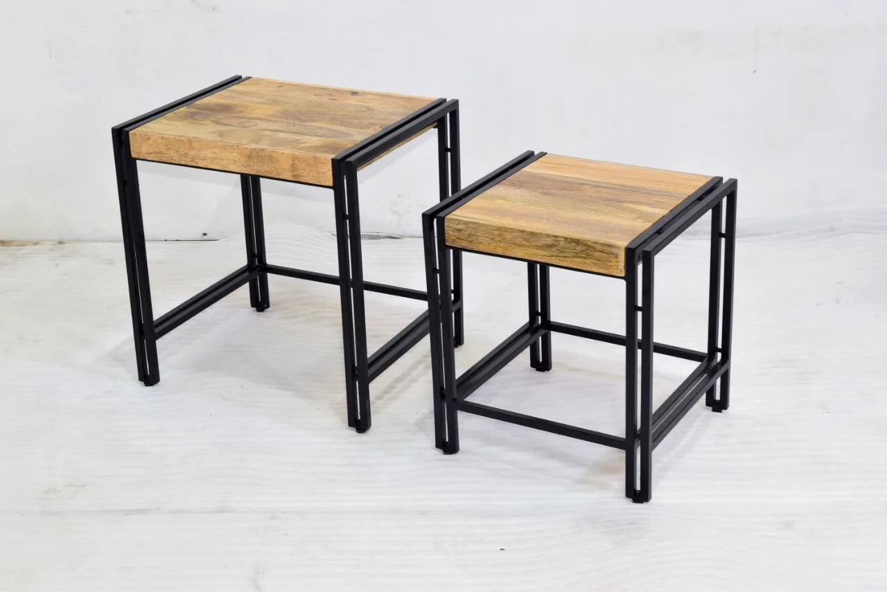 Best Selling High Quality Mango Wood Folding Wooden Side Table Set of 2 Square Shape Natural Finish Coffee Table for Home