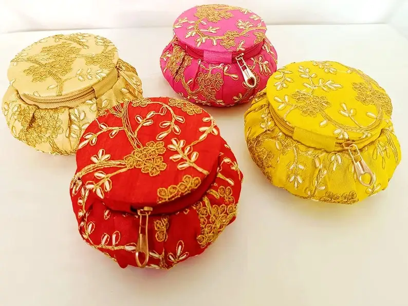 Indian Handmade Embroidered Jewelry Box Matki shape Indian Wedding, Baby Shower, Bridesmaid or Bride to be Hampers, Haldi, Mehnd