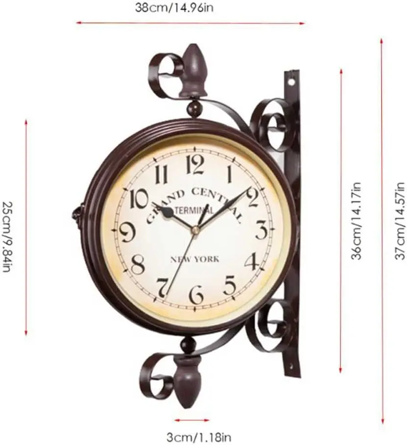 Vintage Double Sided Wall Clock Train Station Clock Silent Non Ticking Can be rotated 360   Creative Classic Wall Hanging Clocks