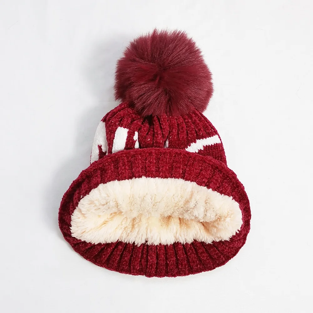 Kids Winter Chenille Knitted Skull Cap NYC Jacquard Letters Fashion Pom Pom Toque Boy Girls Soft Warm Cuffed Beanie Hats