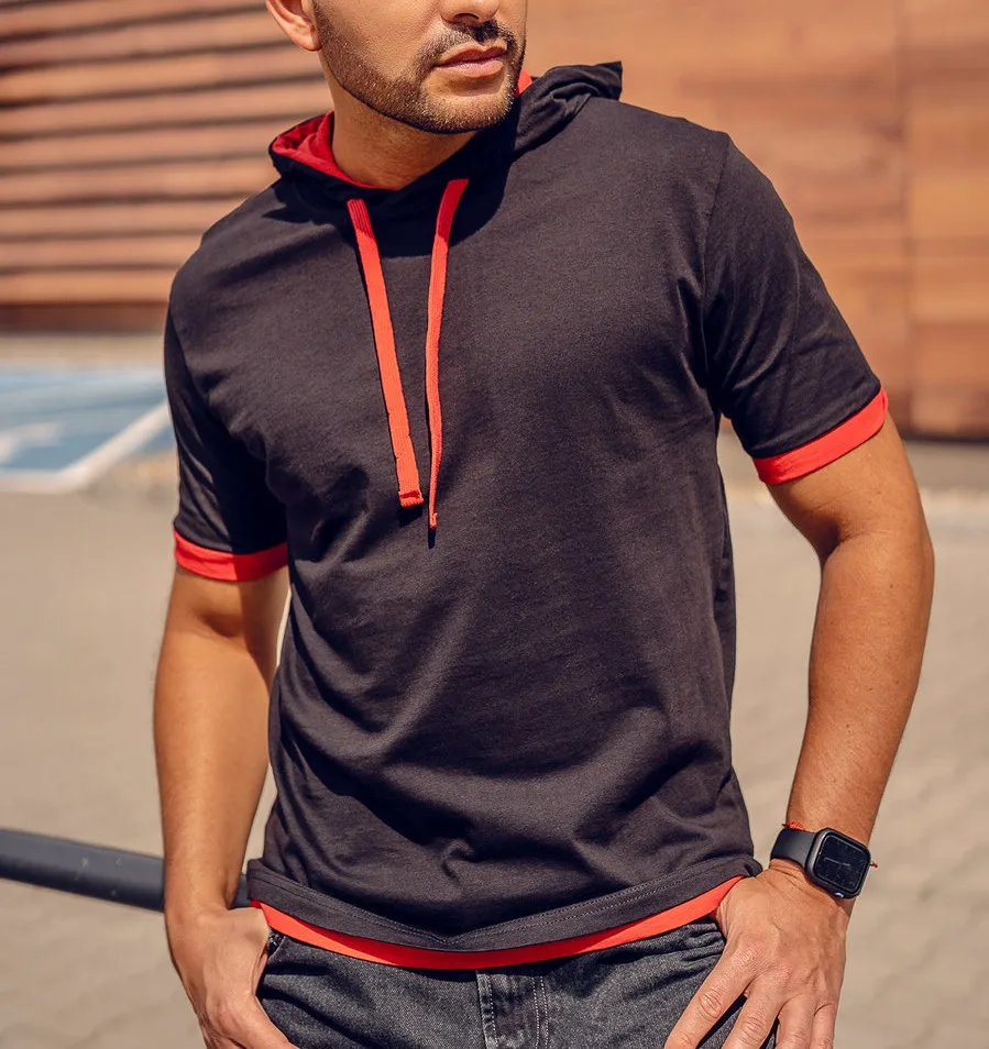 High quality cotton polyester white hooded t shirts for men custom logo black high quality hooded short sleeve sport t-shirts