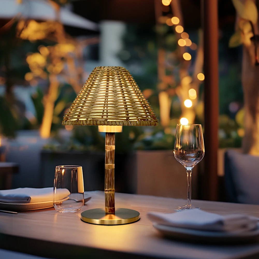 European Style Bamboo Cordless Led Table Lamps 2800mah Battery Remote Control Rattan Restaurant Table Light