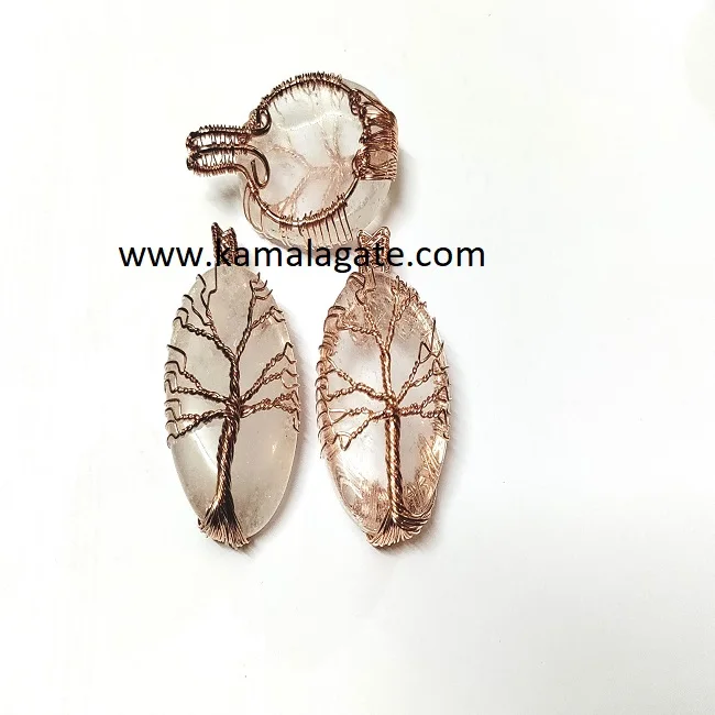 Wholesale Natural Black Tourmaline Gemstone Copper Wire Wrap Pendant with Healing Tree of Life Reiki Pattern for Sale