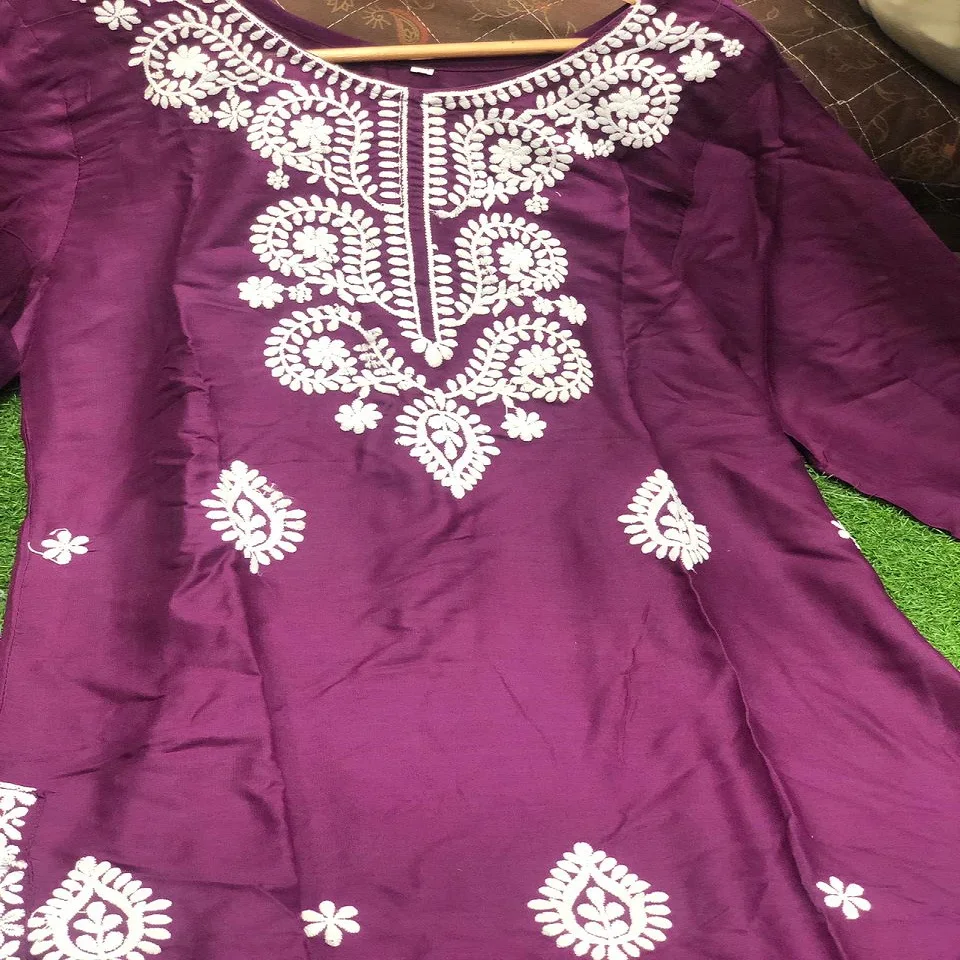 HEAVY RAYON COTTON FABRIC WITH CHICKEN KARI STYLE EMBROIDERY WORK KURTIS