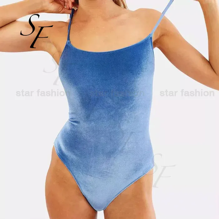 Custom summer spaghetti straps scoop neckline velvet fabric women velour swimwear sexy elegant one piece bikini swimsuit