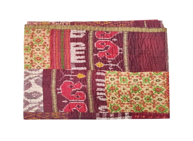 Patola Silk vintage Cotton patchwork kantha quilt handmade bohemian bedding Throw blanket bedspread Silk sari Sofa Cover King