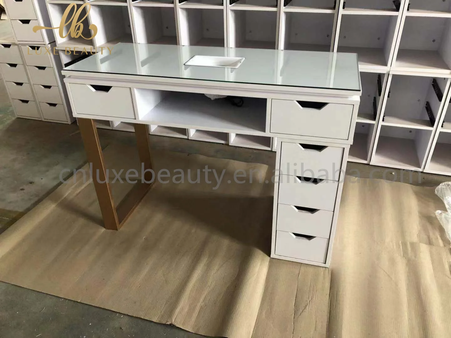 Modern Design Marble Top Manicure Station Metal foot Nail Table with 5 drawers and dust collector for nail and Beauty Salon