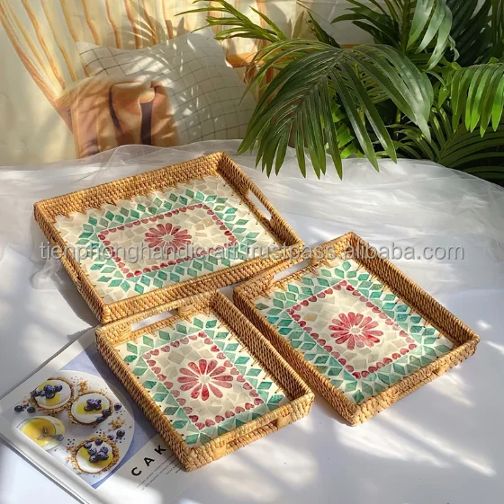NEW DESIGN Rectangle Rattan Mosaic Tray 3 Sizes | Mother of Pearl Tray for Home Restaurant Coffee Shop | Birthday Gift