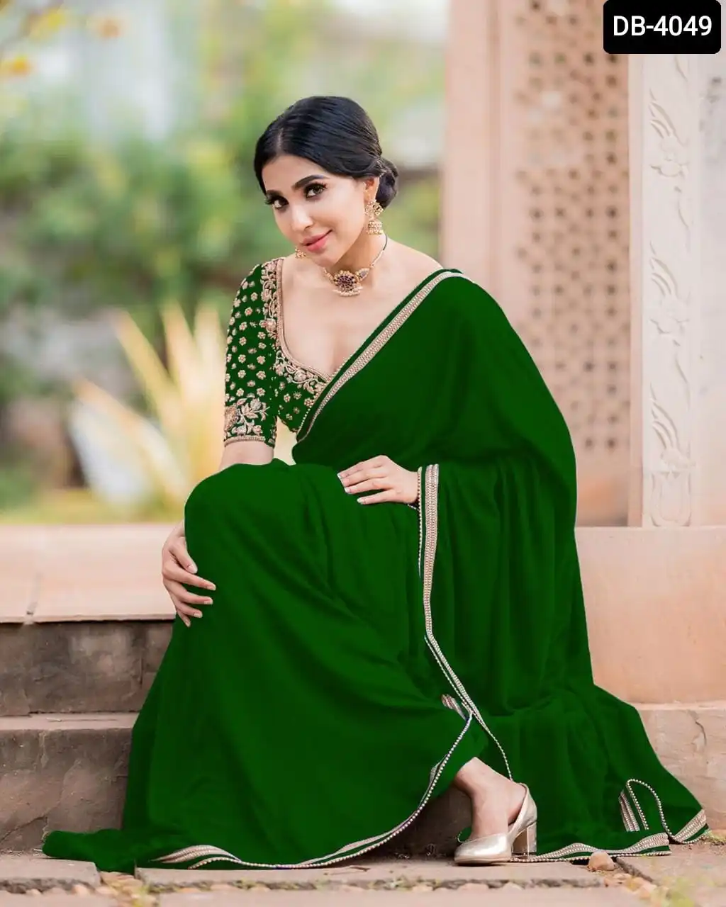 Indian Designer Clothes Georgette With Embroidery Work Lace border Saree and Embroidery Design Work with Pearl Revert Diamond