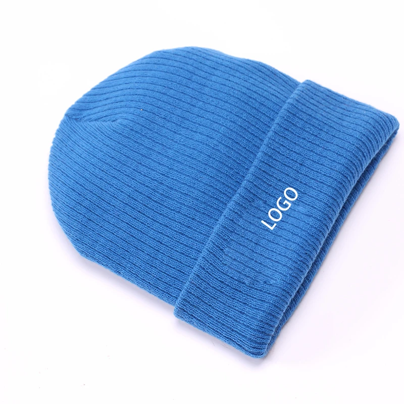 whole sale Customized Blue Unisex Beanie For Men Knitted Beanie Hat Women Winter Hat Free Sample