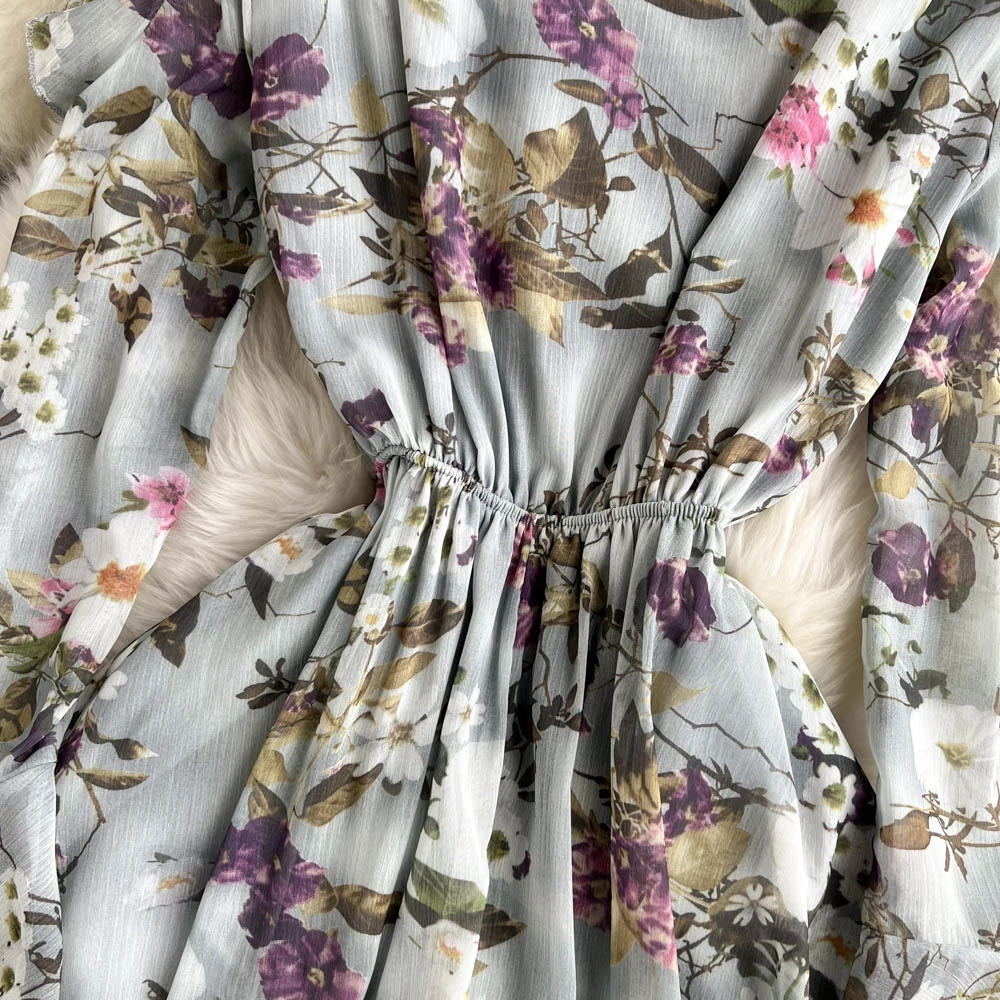 Long Sleeve O-Neck Solid A-Line Dress Autumn Floral Print High Waist Maxi Dress Ladies Elegant Dresses Clothes Women Wholesale