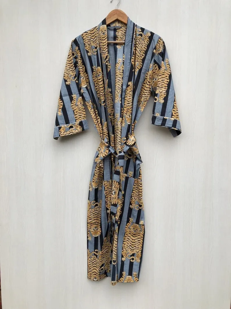 New Tiger Print Luxury Kimono Robe  Unisex Boho Kimono Robe 100% Cotton Kimono Robe Beach Cover Up Bridesmaid Gown Gift for Her
