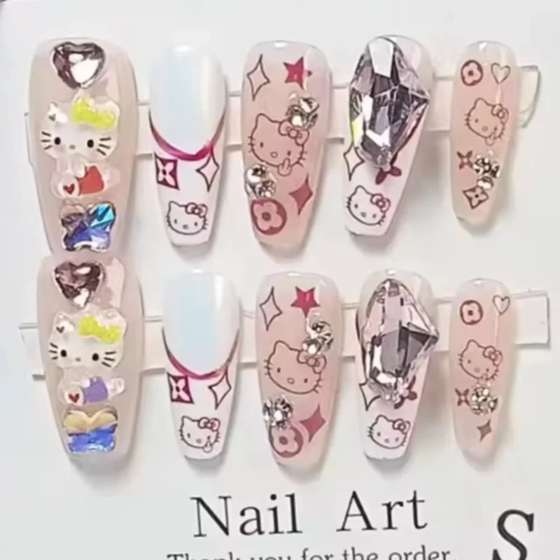 Новая коллекция 2024 Hello Kitty ручной работы накладные ногти Мультяшные милые длинные балерины гроб искусственные
