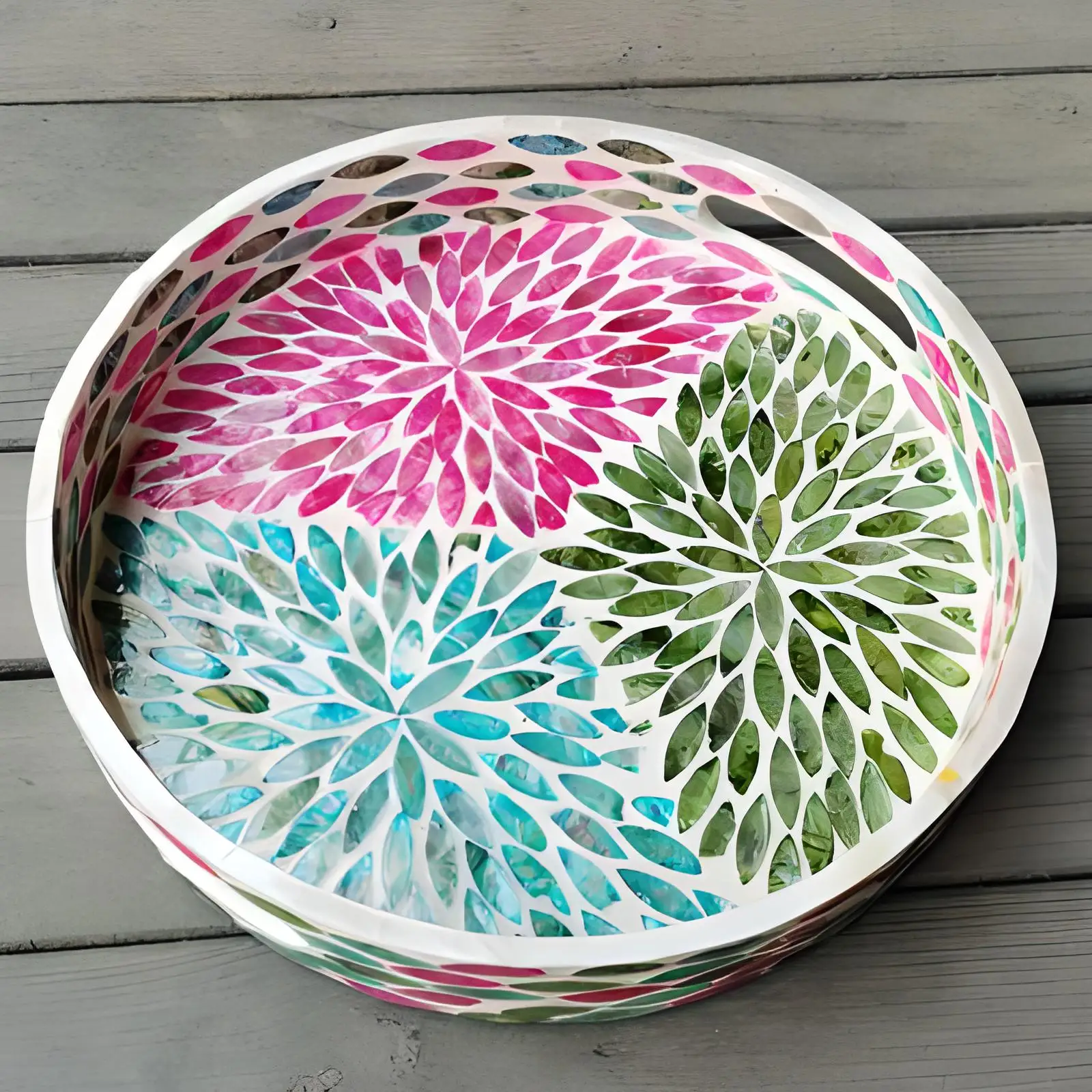 Handmade round lacquerware mother of pearl inlay tray seashell inlaid wood trays produced in Vietnam