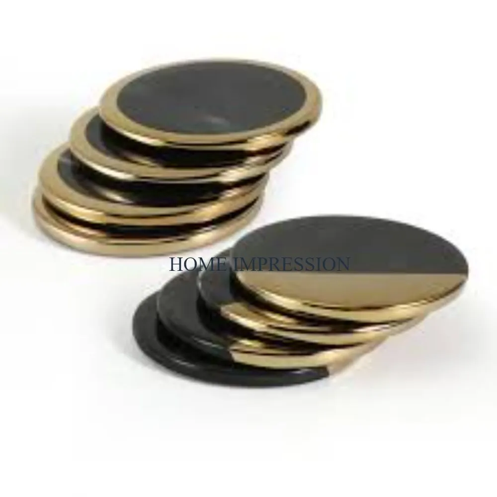 Set Of 8 Metal Gold Polished Border Black Color Table Decorating Home and Kitchen Round Shape Metal Coasters Prime Quality Mats