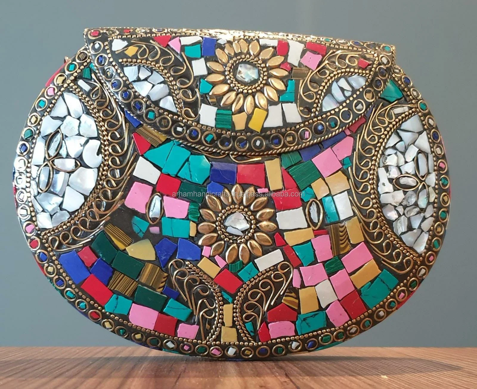 Mosaic Handmade Ethnic Clutch Ornate Bag Vintage Bag Boho Clutch Indian Bag Mother of Pearl Purse Metal Clutch by LUXURY CRAFTS