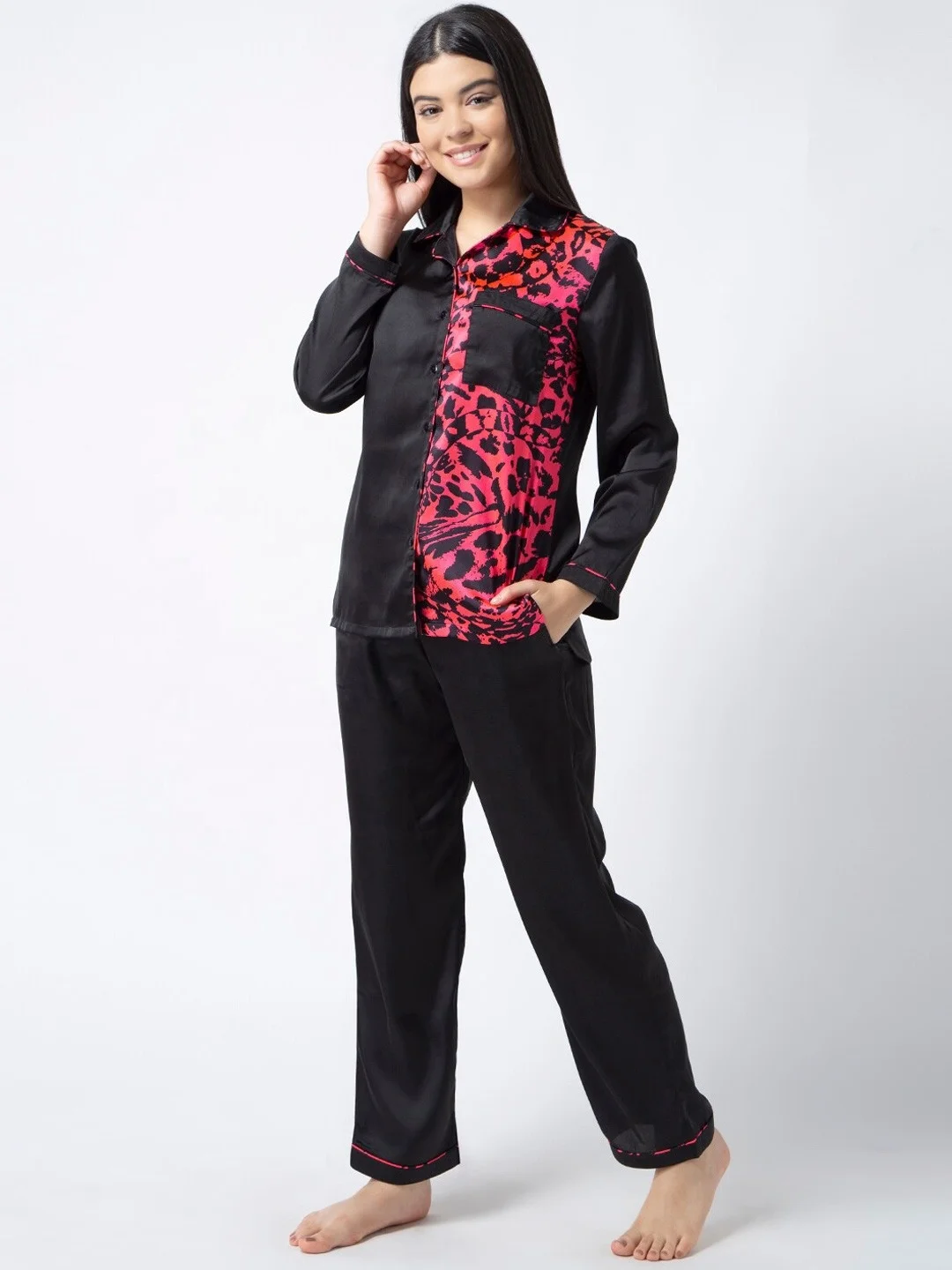 Custom Summer black long Sleeve Plus Size Silk Pajama Set, Ladies Tops trouser Satin Sleepwear Pajama Set Women