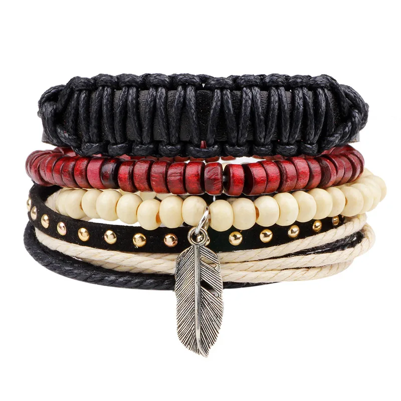 European and American genuine cowhide bracelet hand-woven combination set hand-decorated feather wooden beads wax rope bracelet