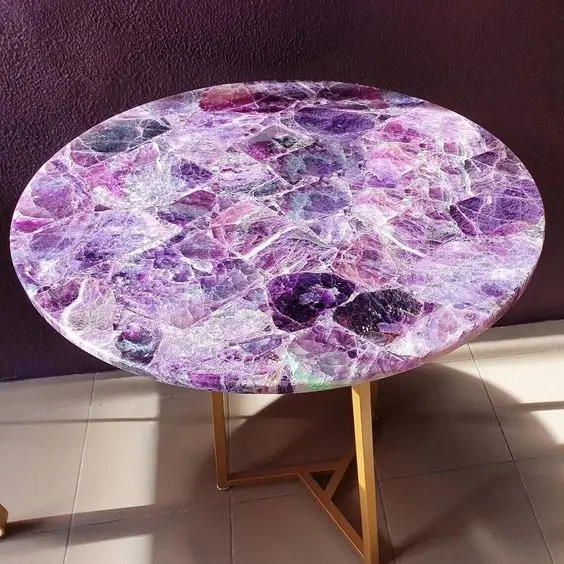Round Shape Random Amethyst Coffee Table Top / Backlit/ Natural Stone