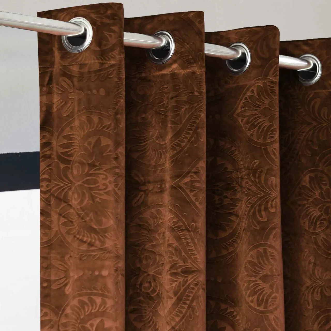 Factory Direct Supplier Traditional Curved Embossed Velvet Curtains Brown single panel look modern yet have a classical touch