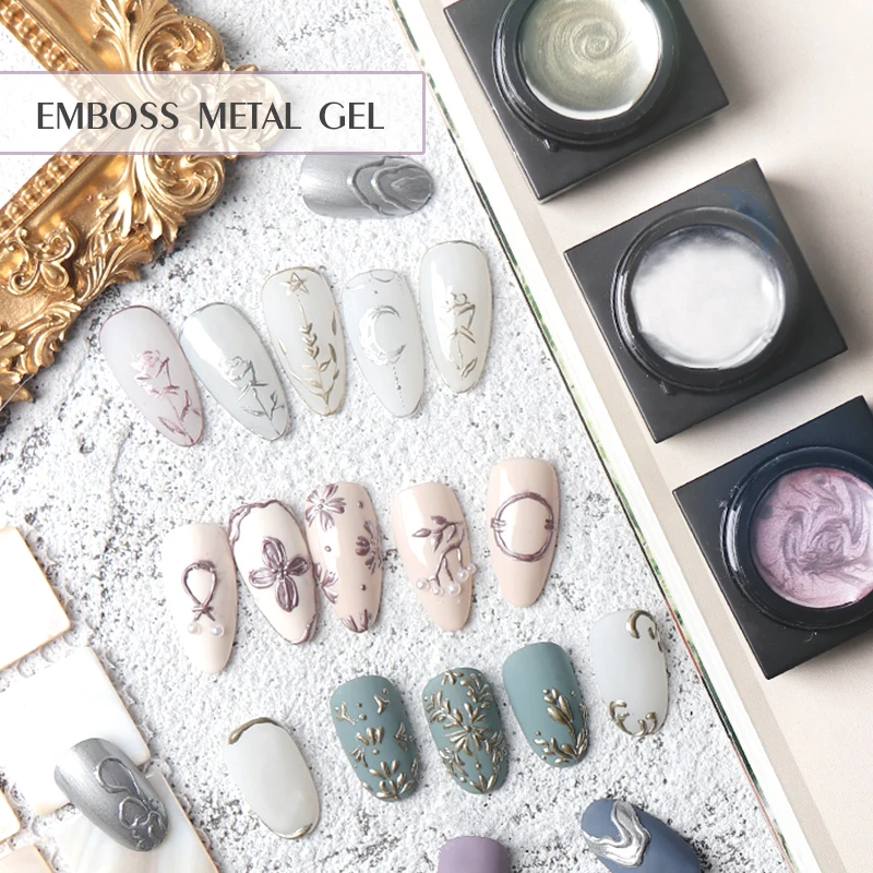 HS Private Label Emboss Sculpture Carving Gel Nail art nail paint paint gel 5g Metal Paint Nail Gel Polish Art Design 3 Colors