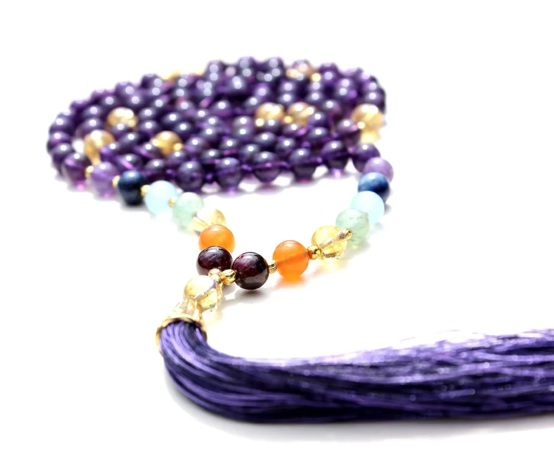 Buy Hindu Pulsera 7 Chakra Yoga Jewelry Amethyst Quartz 108 Knotted Mala Beads Handmade Indian Artist Beaded Necklaces
