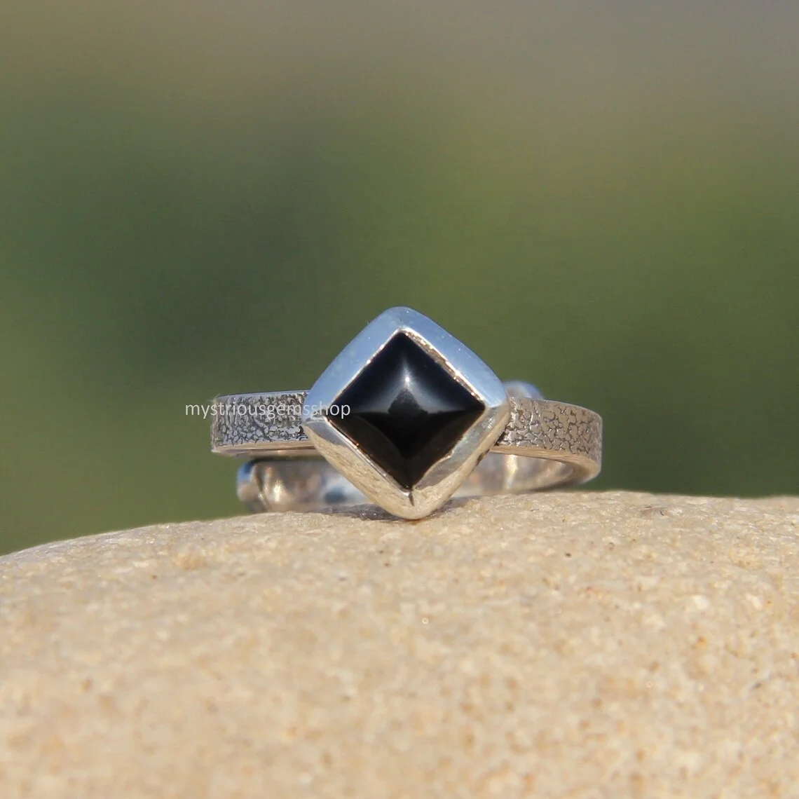 Solid 925 Sterling Silver Adjustable Ring Black Onyx Cabochon Ring Square Shape Gemstone Handmade Ring For Gift