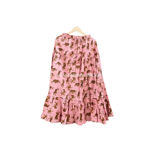 Low Prices Indian Tunic Pink Tiger Printed Boho Maxi Dress Women Skirt Design Bohemian Style Cotton Long Wear Two Tires Skirts