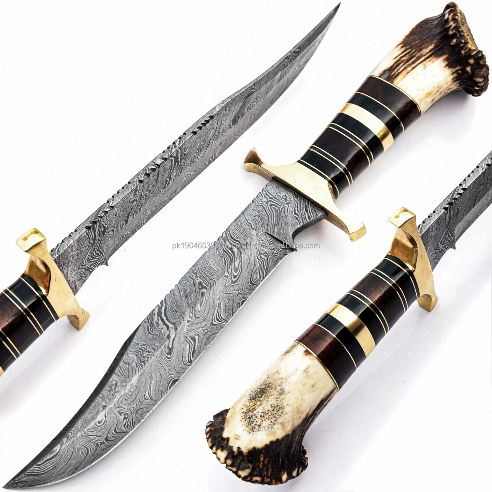 Real Damascus Steel Heavy Duty Hunting Survival Knife Deer Antler Crown Handle Outdoor Tactical Camping Knife OEM Customizable