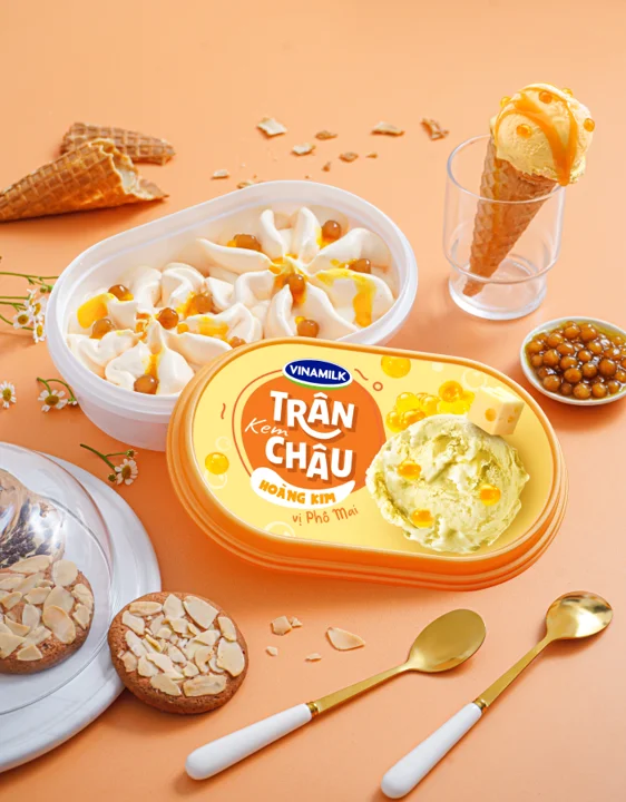 Vinamilk Brand - NEW GOLDEN Bubble with Cheese Ice CREAM - Packing 400ml X 4 Boxes Per Carton HACCP Halal BRC ISO 21.2 % Brix