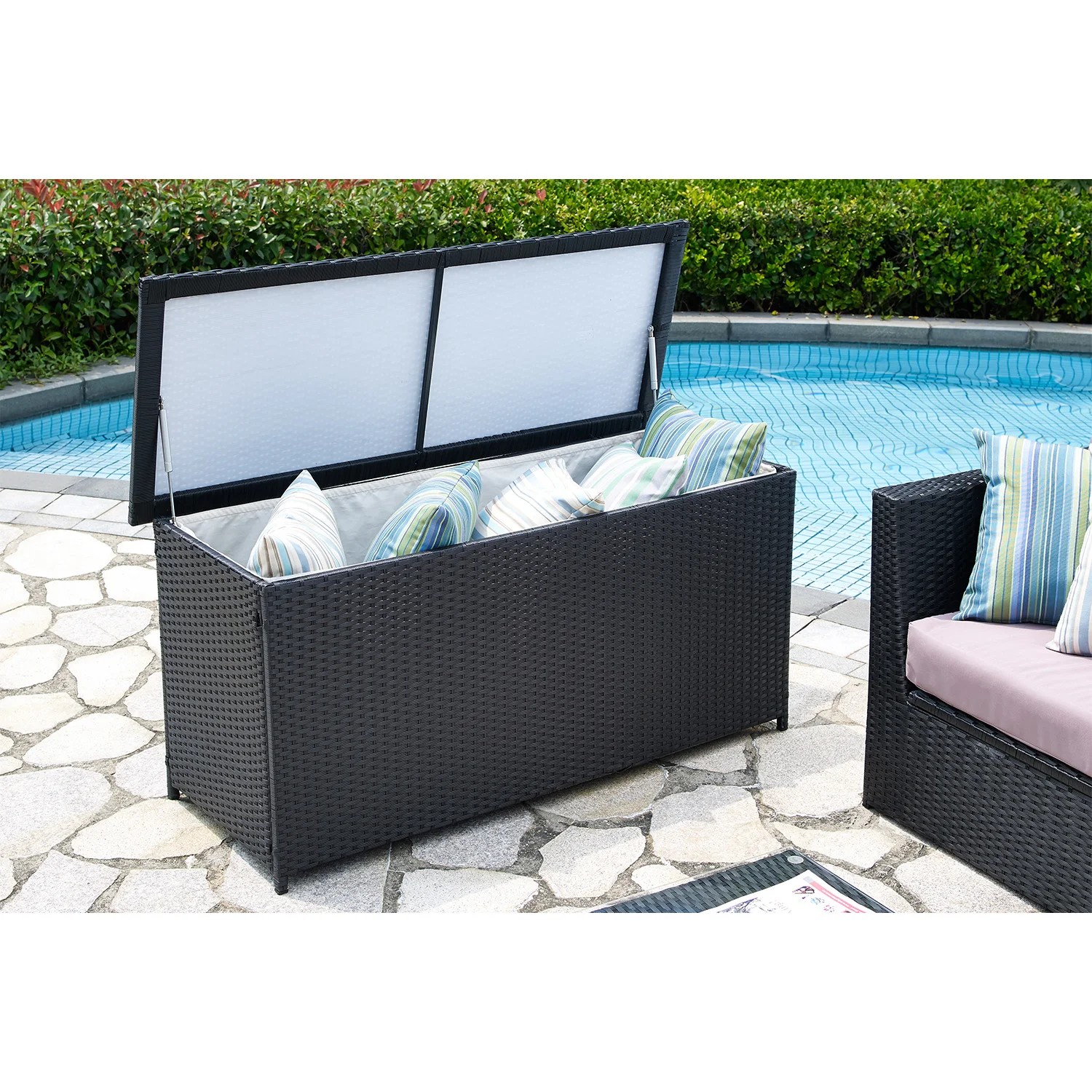 Large Wicker Box Rattan Outdoor Storage Box Patio Cushion Storage, Waterproof Storage Box for Patio Furniture, Garden Tools