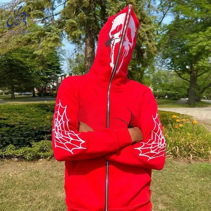 Red Full Zip Hoodie Sweatshirt Sp5der Hoodie Hip Hop EMO Clothes 3d puff printing 555 custom full face zip up hoodie