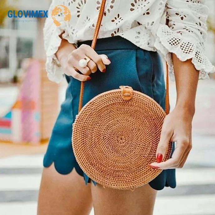 Natural Woven Straw Rattan Handbag Eco-friendly Green Fashion Women Bags Vintage Design with Strap Made in Vietnam FBA Amazon