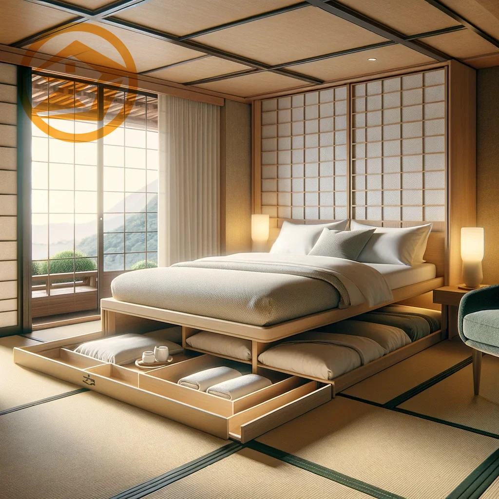 Eco-Friendly Wooden Hotel Bed with Integrated Storage | Zen-Inspired Elegance