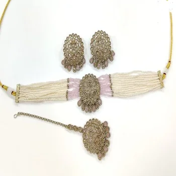 Wholesale Handmade Indian Gold Plated American Diamond Necklace Jewelry Set  With  Fashion Precious Stone neckles