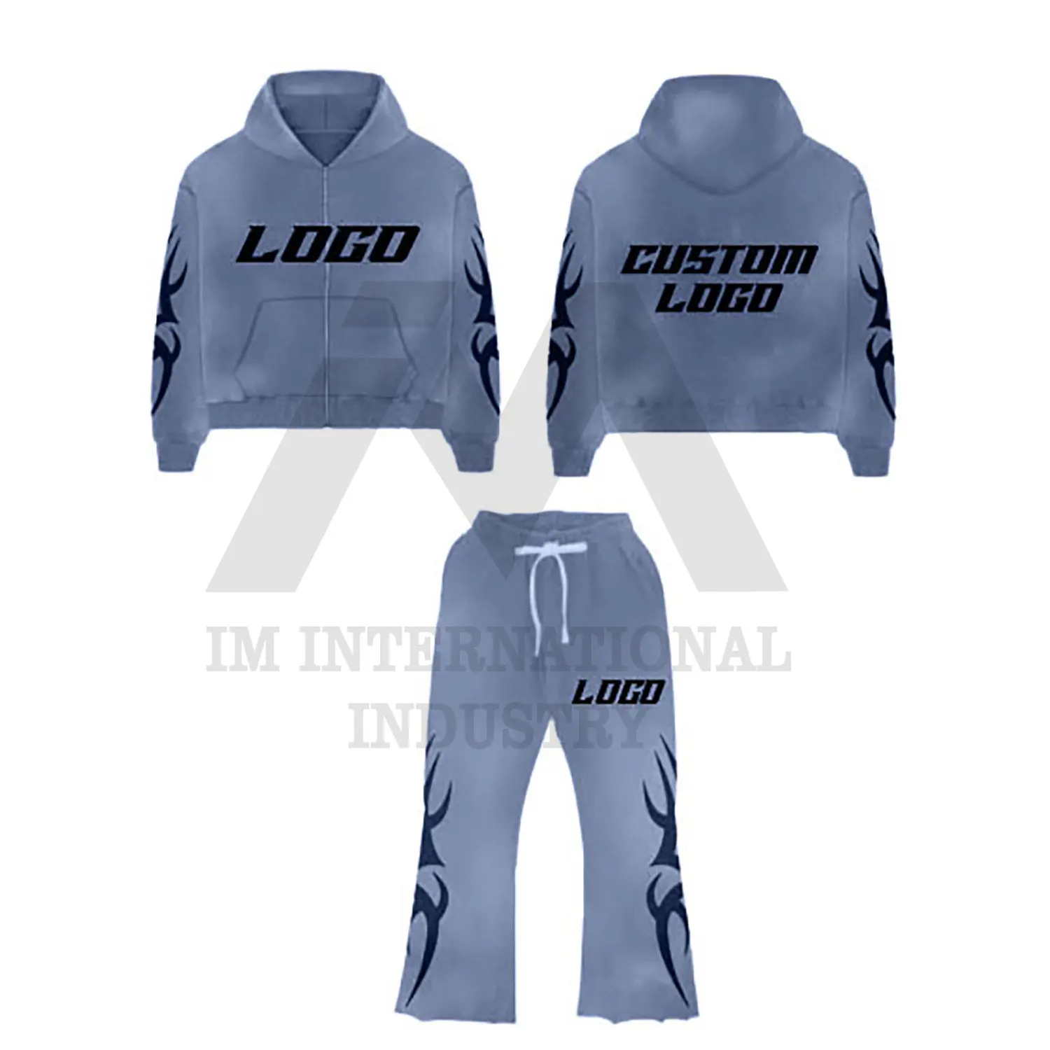 Wholesale Two-Piece Set Breathable Unisex Sun Faded Sweatpants and Hoodie OEM Heavyweight Flared Tracksuit with Joggers