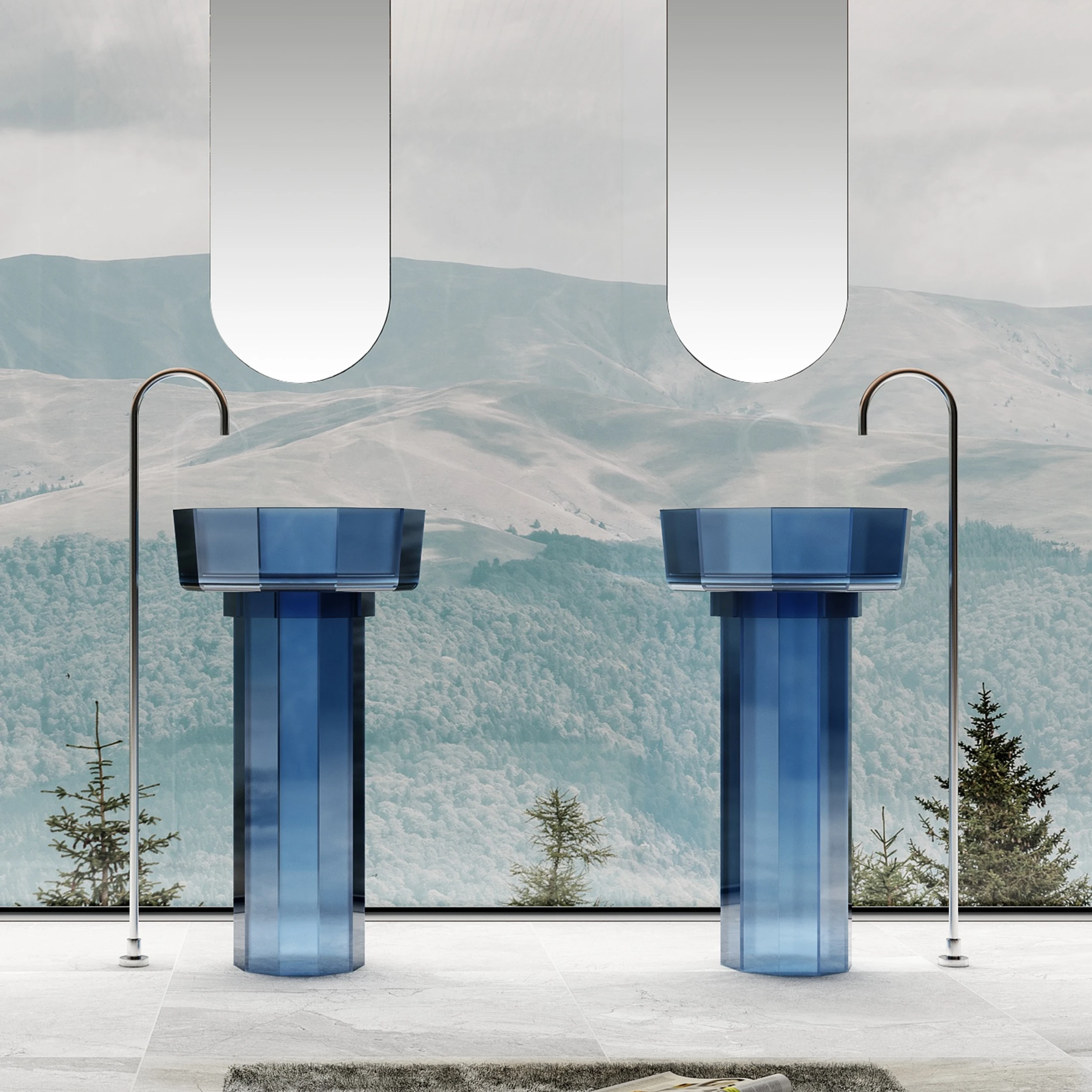 TNS American Freestanding Clear Glass Single-Color Basin Solid Surface Bathroom Vanity with Pedestal Stone Sink for Washing