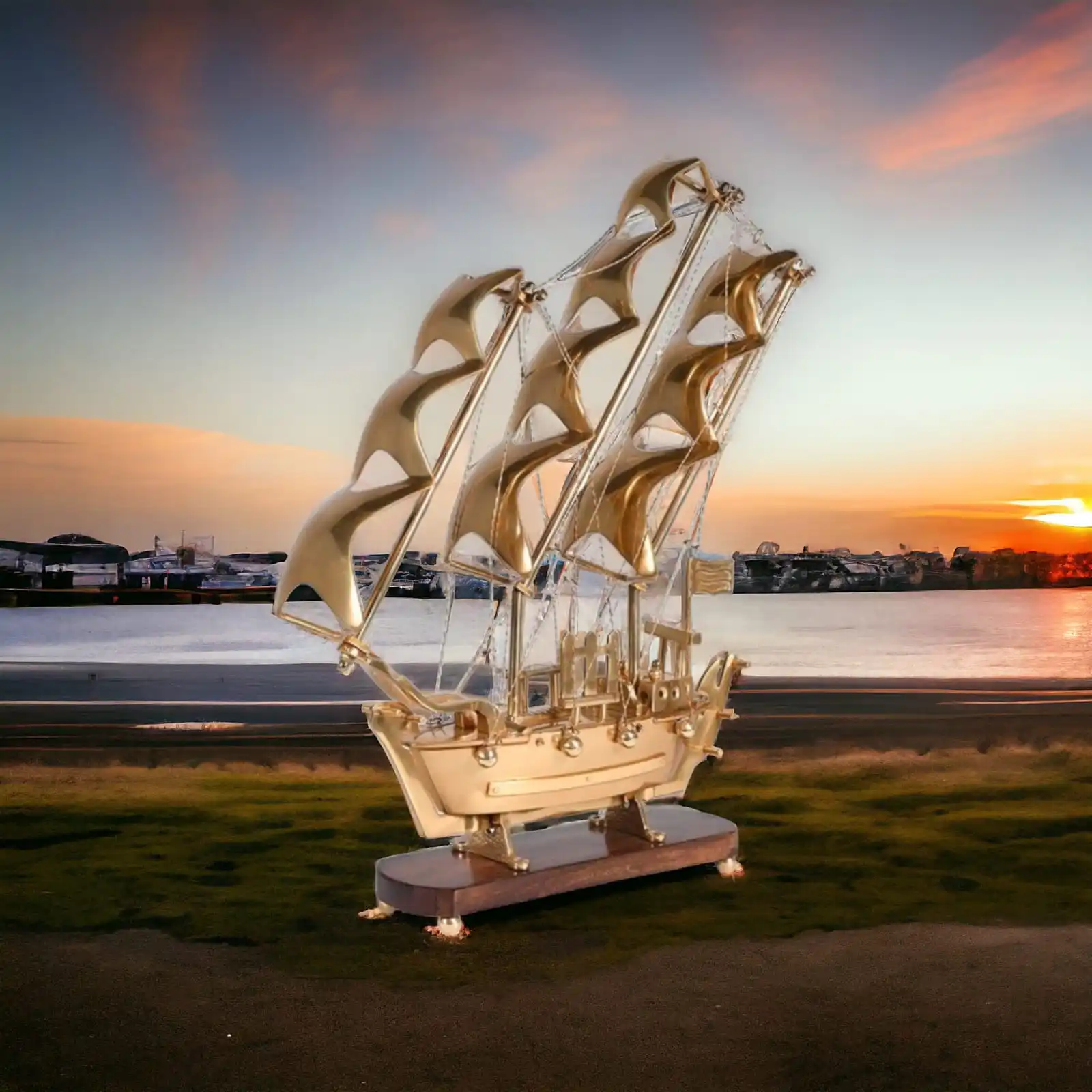 Made in India Heaven Decor Antique Brass Ship with High Quality MDF Base for Decoration and Gifting Use from Indian Supplier