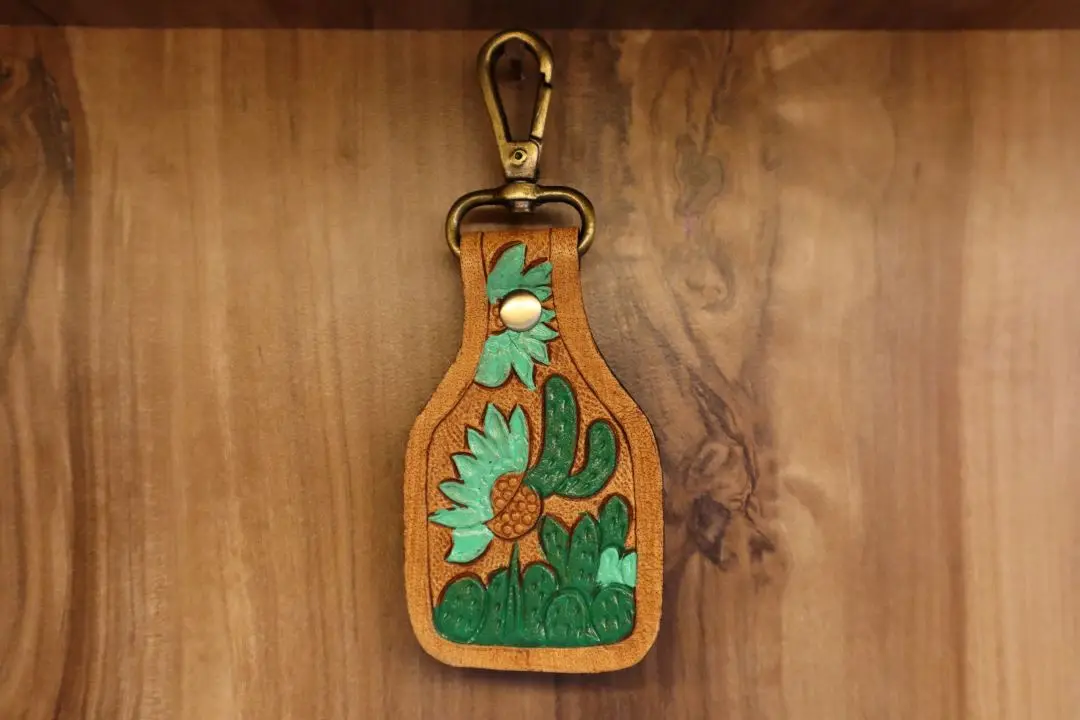 New Arrival Hand Tooled Leather Wristlet Key Fobs Embossed Floral Print Leather Key Rings Tooled Leather Accessories Key Straps